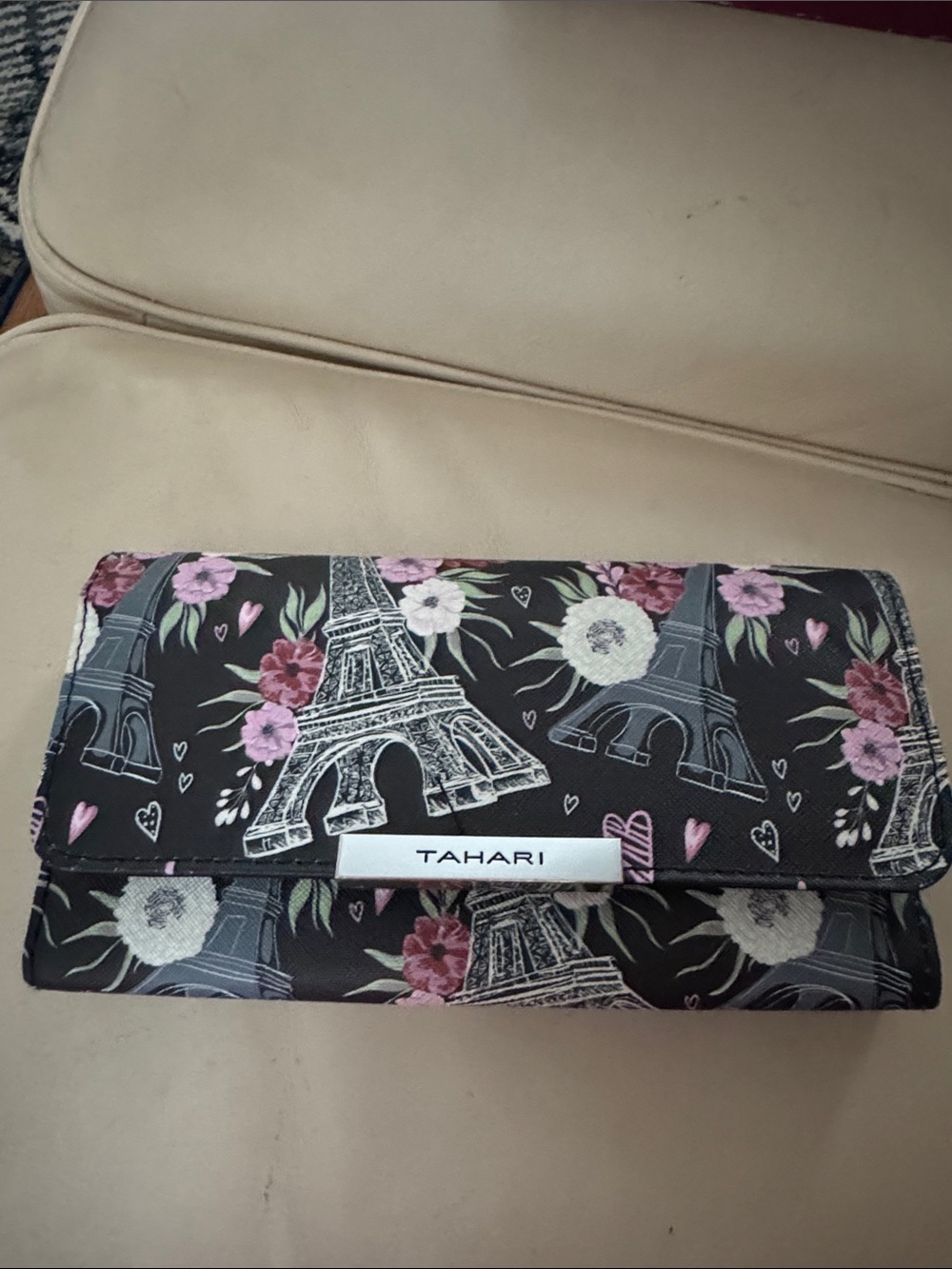 Tahari Black Floral Eiffel Tower Clutch with Pink Accents